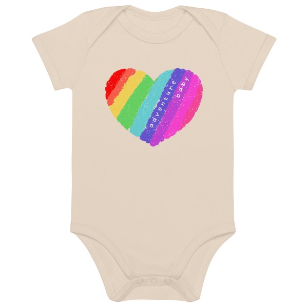 Adventure Baby Bodysuit with a picture of a rainbow colored heart.