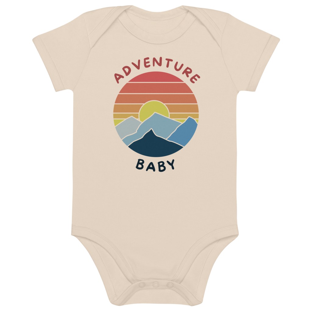 Adventure baby bodysuit with a block art image of a sunset behind the mountains.