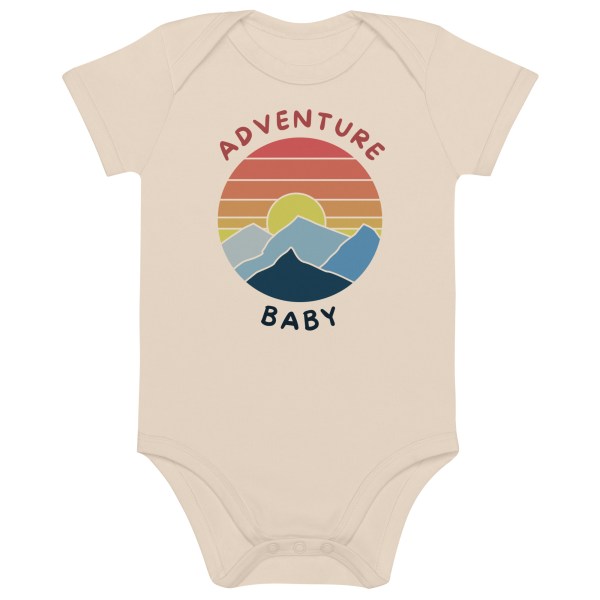 Adventure baby bodysuit with a block art image of a sunset behind the mountains.