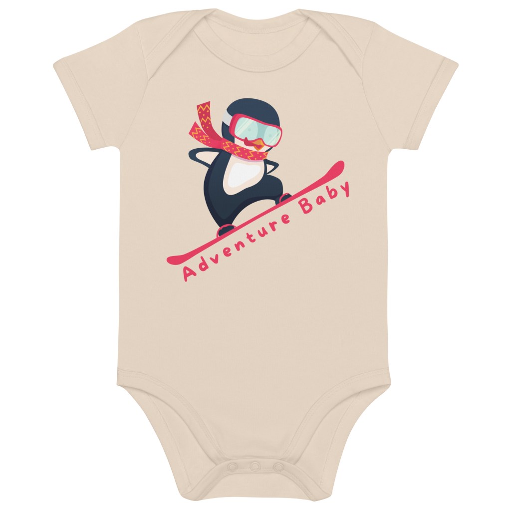 Adventure baby bodysuit with a picture of a penguin snowboarding.